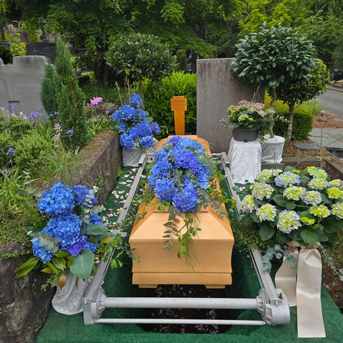 Holzsarg umgeben von bunten Blumenarrangements auf einem Friedhof, gr&uuml;ner Rasen und gepflegte Umgebung.