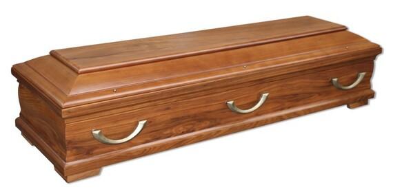 Holzschranken-Kasten mit einem polierten Finish und zwei metallischen Griffen.