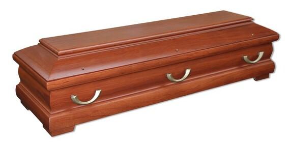 Holzkorpus eines Sargs mit drei Ziehgriffen in Gold und glatter, dunkler Oberflächenfinish.