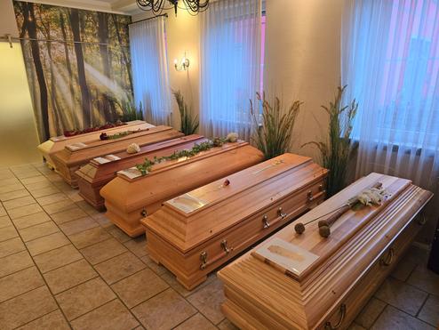 Reihe von Holzsärgen in einem Raum mit sanfter Beleuchtung und Dekoration, umgeben von Pflanzen und Fenster mit Vorhängen.