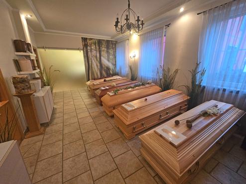 Bestattungsraum mit mehreren hölzernen Särgen, Pflanzen und sanfter Beleuchtung in einem hellen, freundlichen Ambiente.