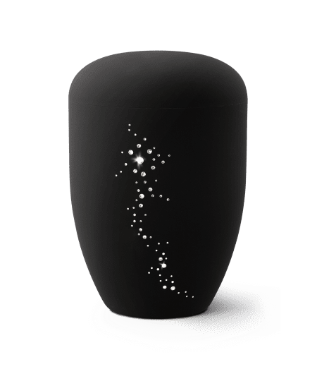 Schwarze Urne mit dekorativen, funkelnden Elementen in Form von Punkten auf einer Seite.