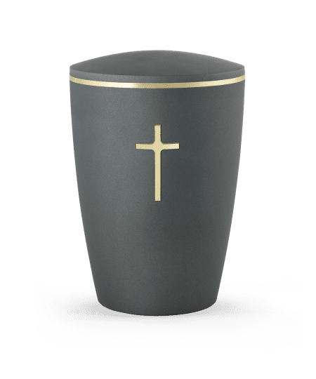Grau metallicer Urnenbehälter mit goldener Kreuzverzierung und passendem Deckel auf einem neutralen Hintergrund.