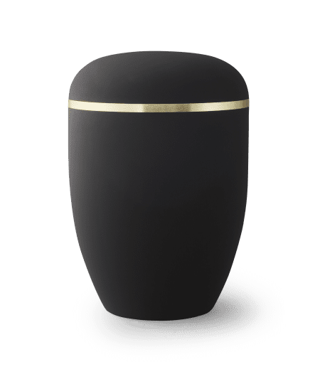 Schlichte schwarze Urne mit goldfarbener Verzierung am oberen Rand auf einem neutralen Hintergrund.