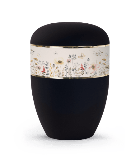 Schwarze Urne mit floralem Dekor und goldfarbener Verzierung am oberen Rand.