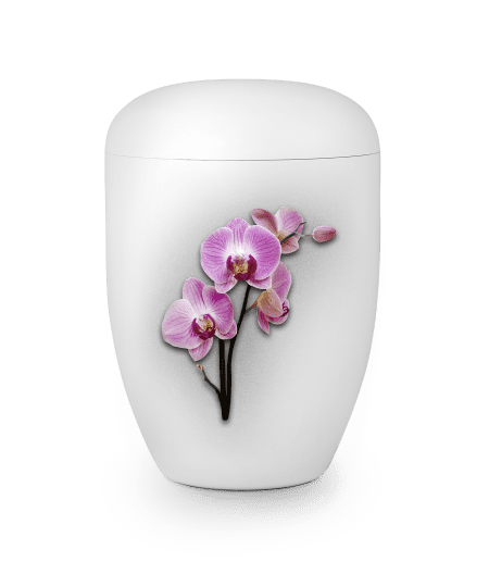 Weißer Behälter mit einer grafischen Darstellung von lila Orchideenblüten auf der Vorderseite.