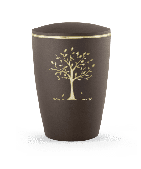 Braune Urne mit goldener Baum-Motivanordnung und passendem Deckel, auf hellem Hintergrund platziert.