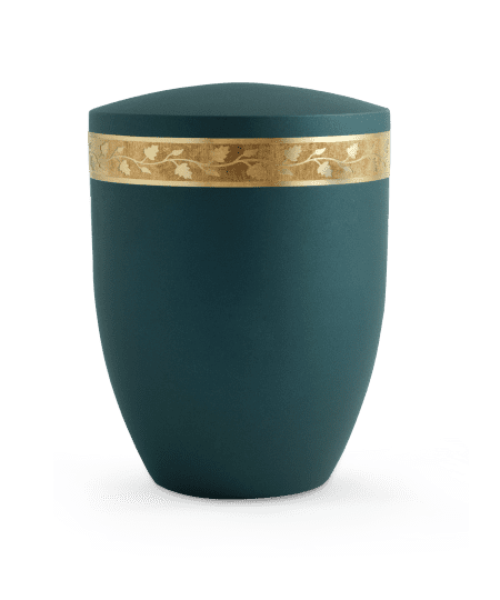 Grüne Urne mit goldener Verzierung oben, konisch geformt und mit flachem Deckel.