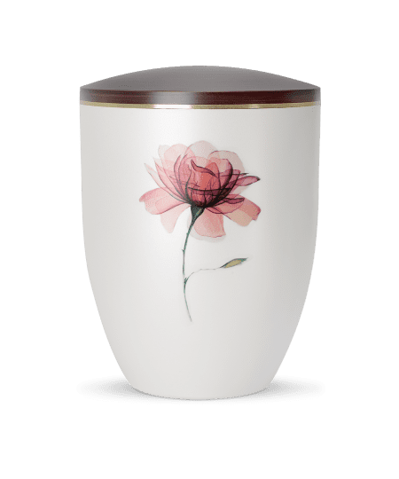 Keramische Urne mit floralem Design in Rosa und beige, bräunlichem Deckel.