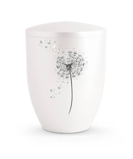 Weißer Behälter mit einem schwarz-weißen Design einer Pusteblume und fliegenden Samen.