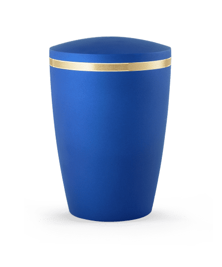 Blauer Urnenbehälter mit goldener Zierleiste, ovaler Form und geschlossenem Deckel.