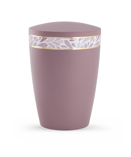 Runder, lila Abfalleimer mit dekorativem, floralem Band und goldenem Rand.