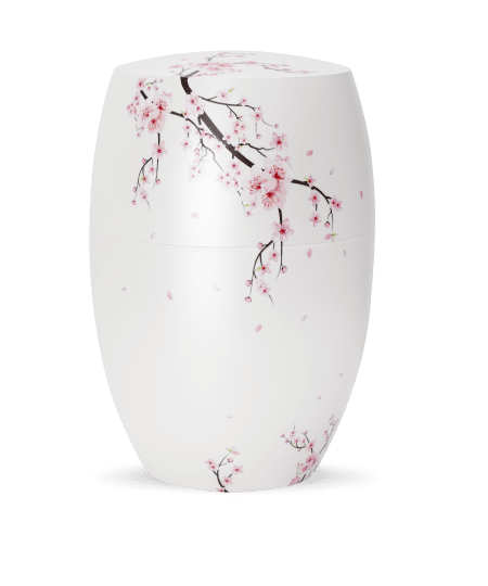 Weißer Behälter mit Kirschblütenmotiven, oval geformt und elegant gestaltet.