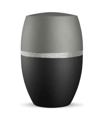 Designermülleimer in mattschwarz und grau mit silbernem Streifen in der Mitte, ovaler Form und glatter Oberfläche.