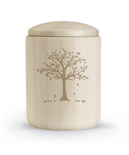 Holzbehälter mit Deckel, verziert mit einer Baumgrafik und einigen Blättern auf der Oberfläche.