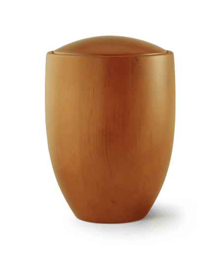 Holzurne mit glatter Oberfläche und rundem Deckel auf einem weißen Hintergrund.